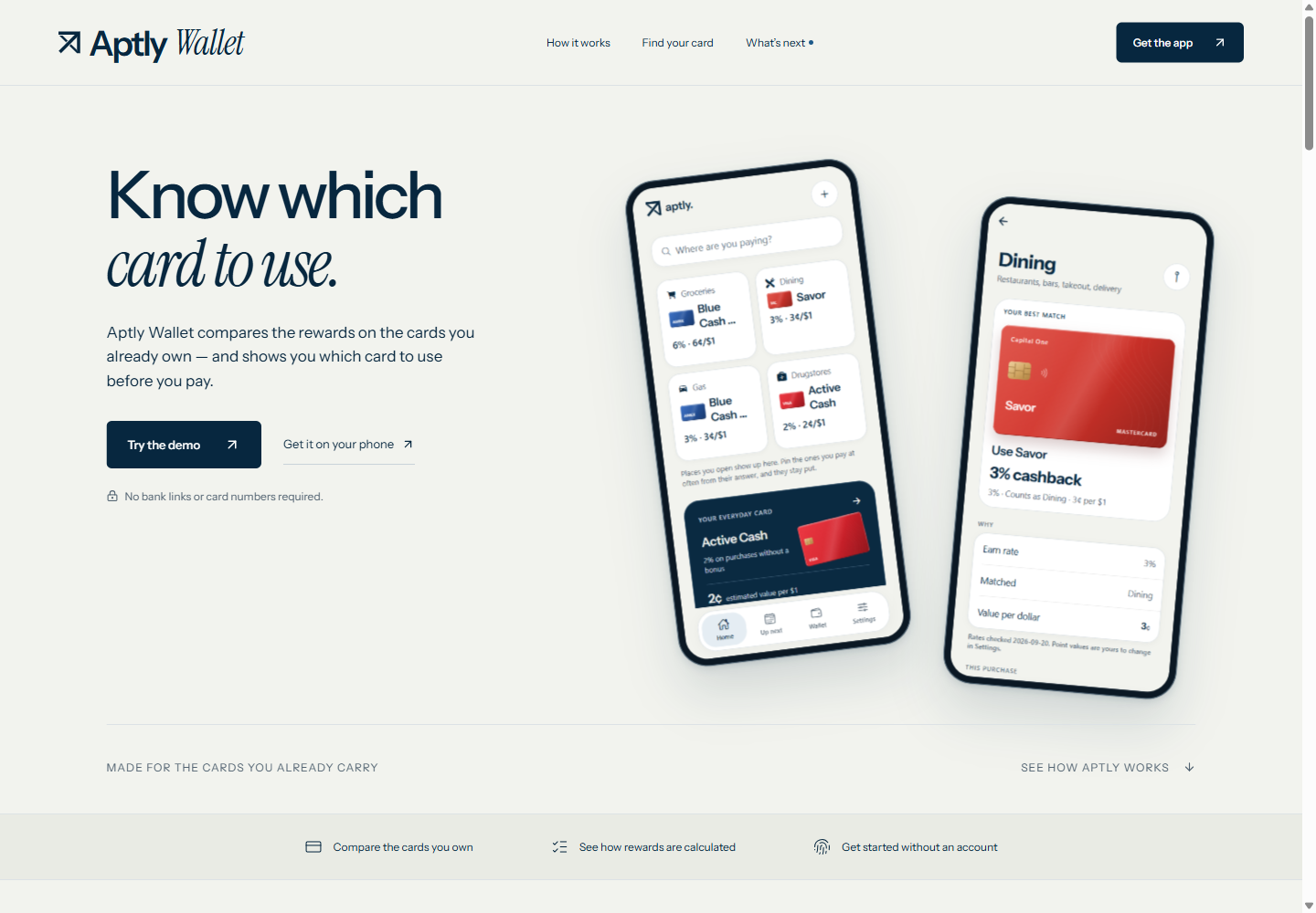 Aptly Wallet website showing card recommendations on phone mockups